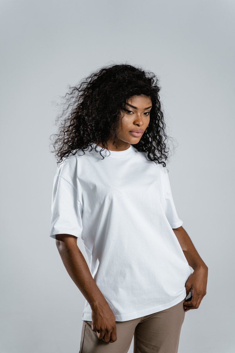 Woman in White Crew Neck T-shirt